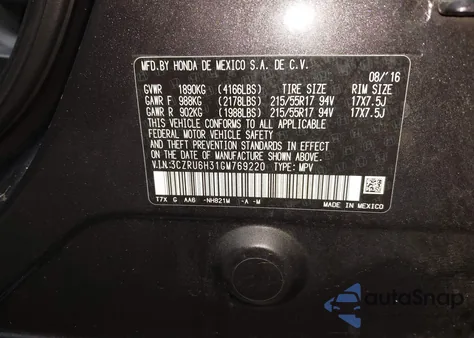 2016 Honda Hr-V Lx из США, поврежденный, VIN 3CZRU6H31GM769220